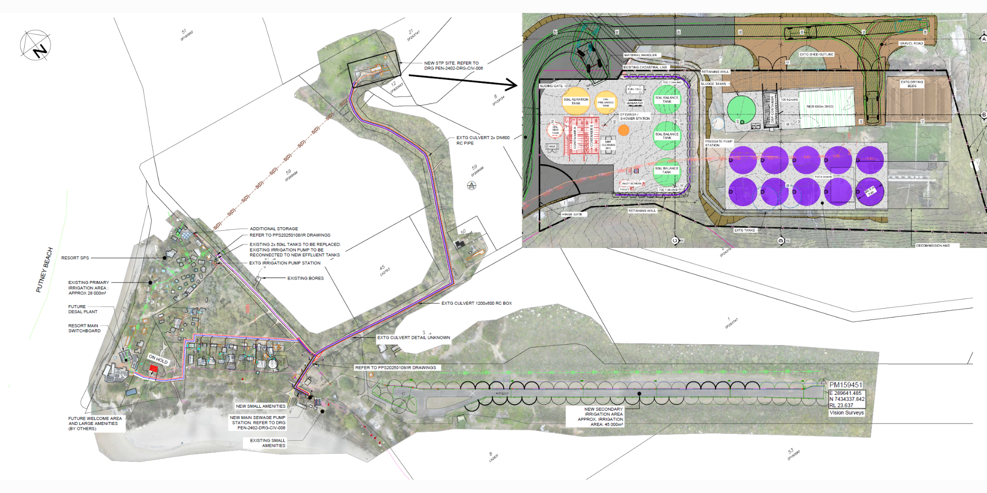 Diagram of the Great Keppel Island sewage network and inset diagram of the sewage treatment plant layout
