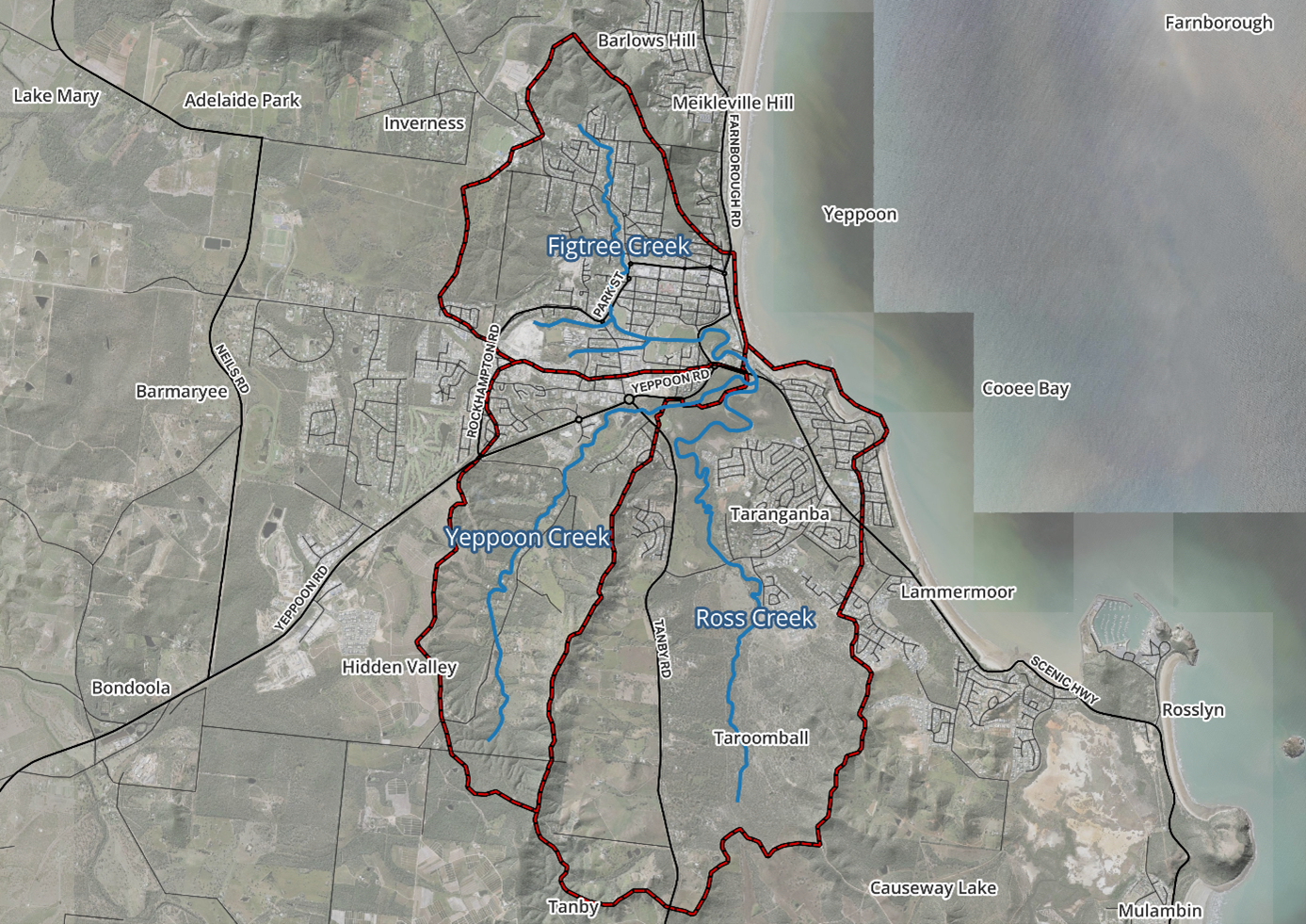 Map of catchments included in the Figtree, Ross and Yeppoon Creeks Flood Study.