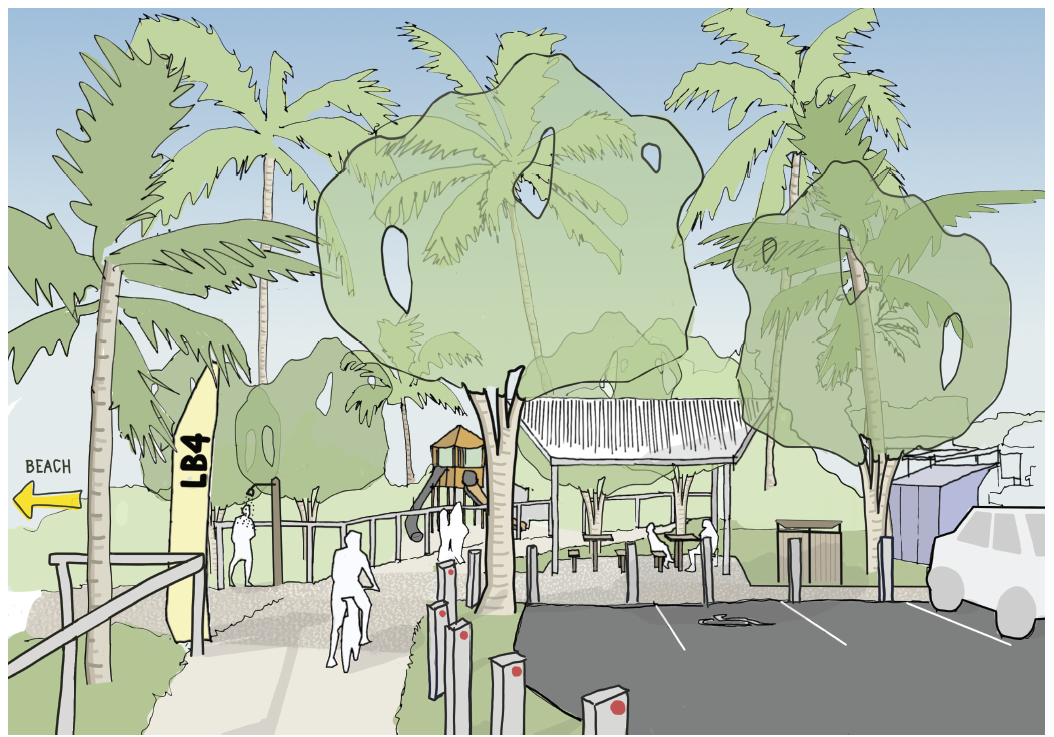 Artist impression of the proposed improvements to LB4 area including high bar and stools and sheltered picnic tables.
