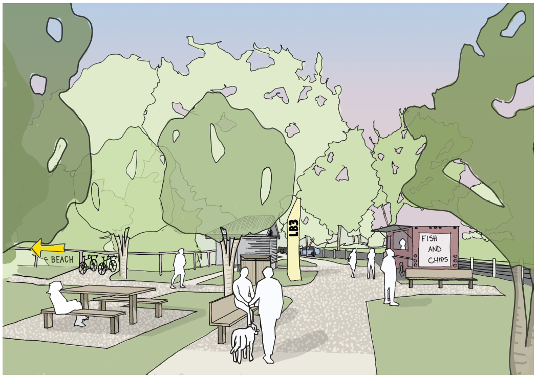 Artist impression of the proposed improvements to LB3 area including high bar and stools and sheltered picnic tables.