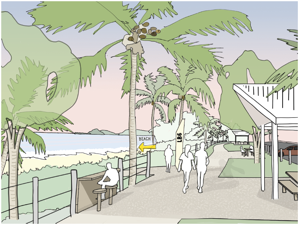 Artist impression of the proposed improvements to LB6 area including high bar and stools and sheltered picnic tables.