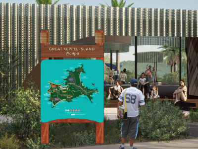 A render of a man viewing a map of the island in a render of the arrivals plaza
