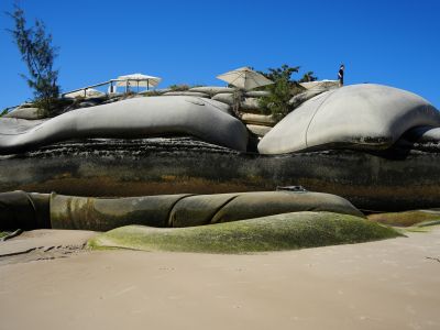 A photo showing the big sandbags along Putney Beach as a temporary measure.