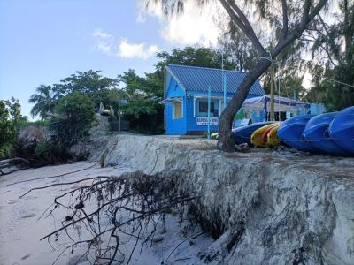 A photo showing how close erosion is to the Keppel Dive Hut