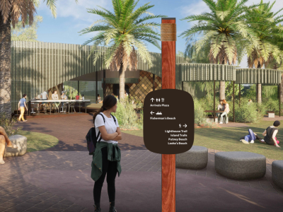 A render of a girl looking at signage